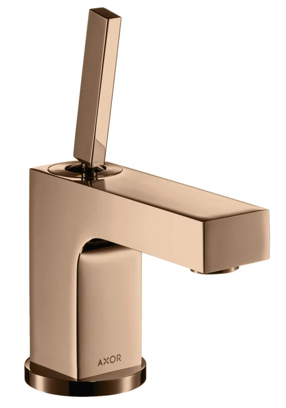 Einhebel-Waschtischmischer in Polished Red Gold von AXOR, mit einem langen, schmalen Hebel und runder Basis, geeignet für Handwaschbecken und ausgestattet mit einer Zugstangen-Ablaufgarnitur.
